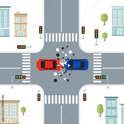 Car Crash at Intersection: Red and Blue Cars Collide in City Traffic