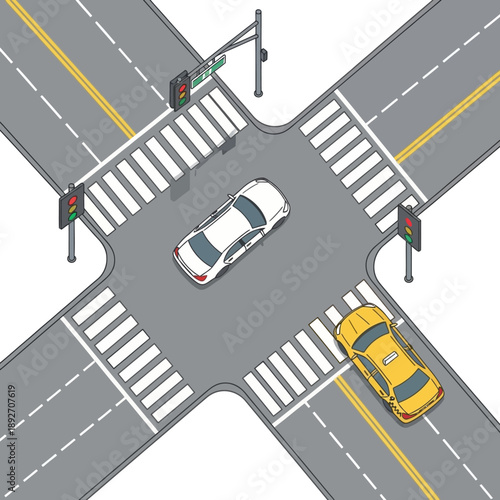 Crossroads Intersection with Traffic Lights and Cars, Pedestrian Crossings