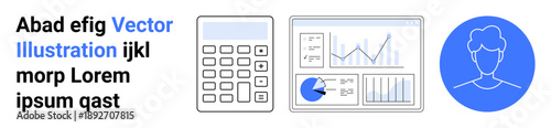 Calculator, data analytics dashboard with charts, and user profile outline. Ideal for business, finance, analytics, budgeting, team planning, data management simple landing page