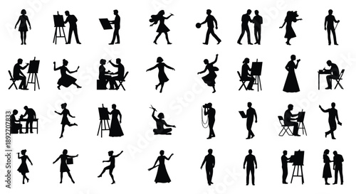 Collection of black silhouette icons depicting people engaging in various activities and hobbies on white background