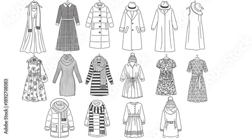 Various women's clothing items and coats illustrated in black and white on white background