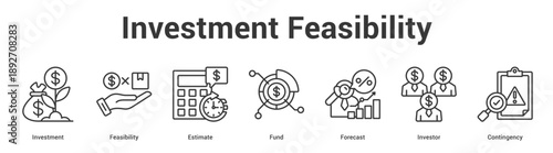 Investment Feasibility web banner icon set vector illustration concept for business with icon of Investment, Feasibility, Estimate, Fund, Foreca.