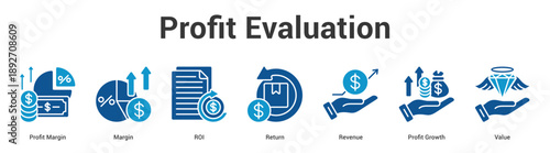 Profit Evaluation web banner icon set vector illustration concept for business with icon of Profit Margin, Margin, ROI, Return, Revenue, Pro.