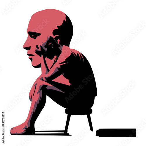 Melancholy Reflection: A solitary figure, seated on a stool, embodies contemplation, a poignant representation of the human experience. 