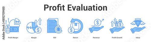 Profit Evaluation web banner icon set vector illustration concept for business with icon of Profit Margin, Margin, ROI, Return, Revenue, Pro.