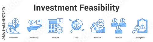 Investment Feasibility web banner icon set vector illustration concept for business with icon of Investment, Feasibility, Estimate, Fund, Foreca.