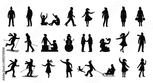 Collection of black silhouette icons depicting people skiing playing and engaging in winter sports activities