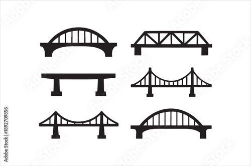 A collection of six black silhouette icons depicting various types of bridge structures