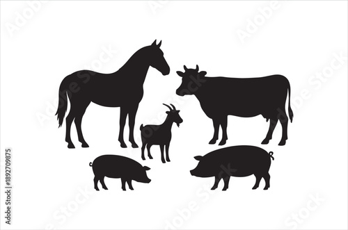 A black silhouette illustration depicting a horse cow goat pig and another piglet