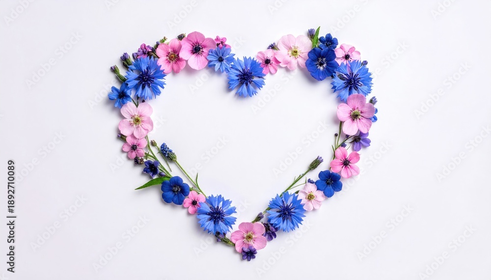 Obraz premium Heart shape formed by delicate blue cornflowers and pink blossoms on white background.