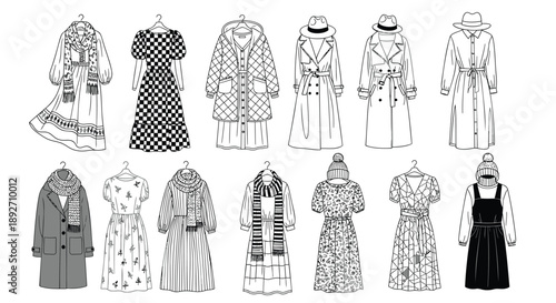 Various women's clothing items and coats hang on hooks showcasing diverse fashion styles and designs