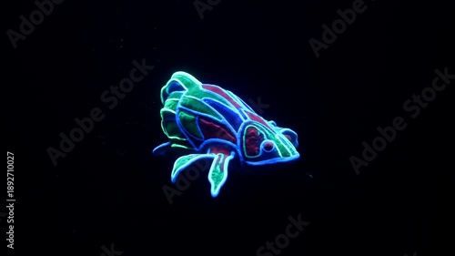 Glowing Neon Cuttlefish Swimming in Dark Ocean Water.