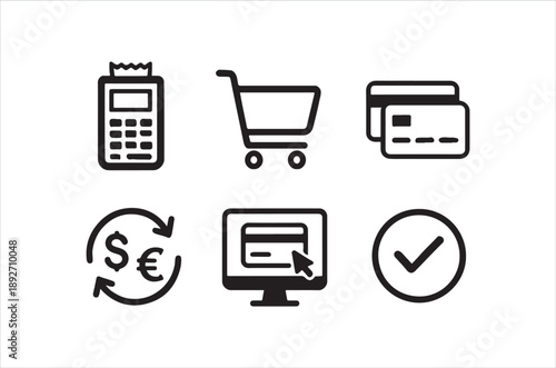 A set of black and white icons representing online and in store payment methods