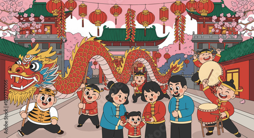 A cheerful illustration of Lunar New Year festivities featuring a traditional dragon dance performance, a happy family with a child receiving red envelopes (angpao), and people playing drums in a deco