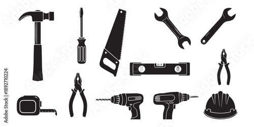 Black silhouette vector illustration set of construction tools, repair equipment icons featuring drill, saw, hammer, shovel, and paintbrush on white background,
