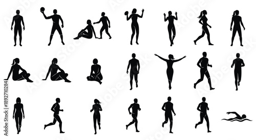 Black silhouettes of diverse people in various poses and exercises on white background