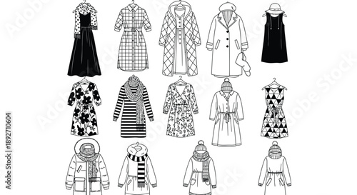 Various clothing and coats illustrations in black and white on white background