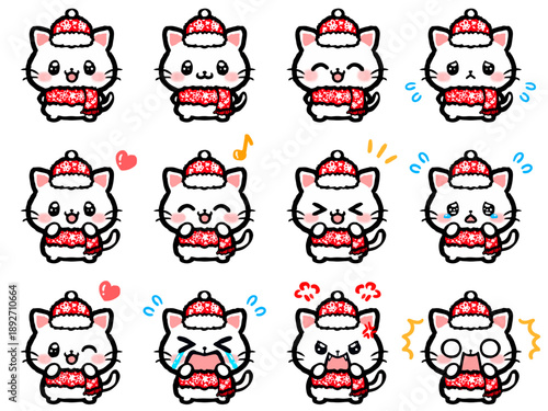 かわいい冬の猫の喜怒哀楽落書き風イラスト素材セット