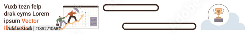Business development, teamwork, success, goal-setting, achievement, leadership. A team climbing toward a goal on a chart trophy as a reward. Business development and teamwork