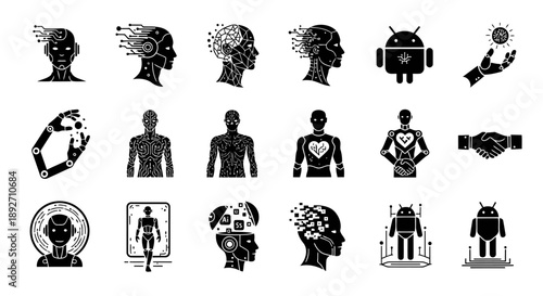 Humanoid AI Robot Black Silhouette Icon Set – 18 Unique Artificial Intelligence Symbols in 4K