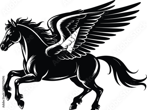 Flying pegasus horse silhouette illustration, mythical winged animal vector art, fantasy mythology design isolated on white background dramatic black modern