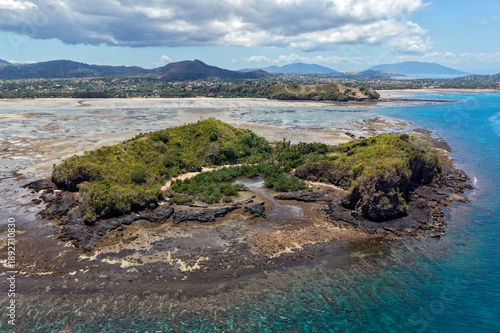 Aerial Drone View of Tanga Island at Low Tide, Nosy Be, Madagascar