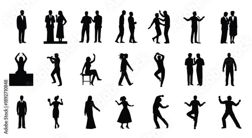 Collection of black silhouettes of people dancing and socializing in various poses and pairs on white background