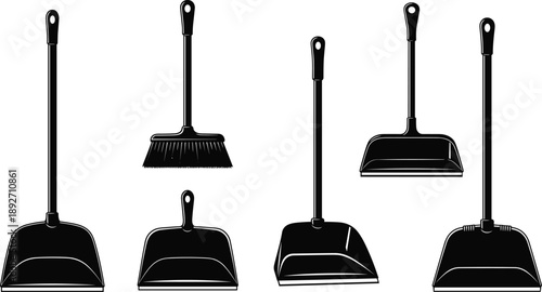 broom, dustpan, cleaning, tools, household, hygiene, sanitation, equipment, silhouette, black, set, collection, icon, symbol, simple, minimal, illustration, vector, design, graphic