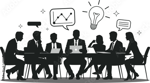 Business Meeting Teamwork Brainstorming Discussion Collaboration Strategy Planning Communication Office People Silhouette Leadership Innovation Idea Corporate Conference Analysis 