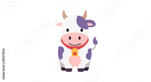 Cute Cartoon Cow with Bell and Purple Spots on White Background
