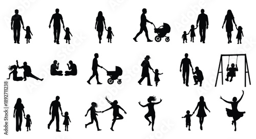 Black silhouettes of happy family members and children playing together outdoors