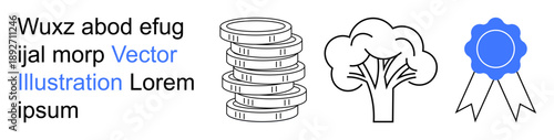 Finance, sustainability, achievement, eco-consciousness, recognition, growth. Stack of coins, tree and award ribbon in minimalist design. Finance and sustainability concepts illustrated effectively