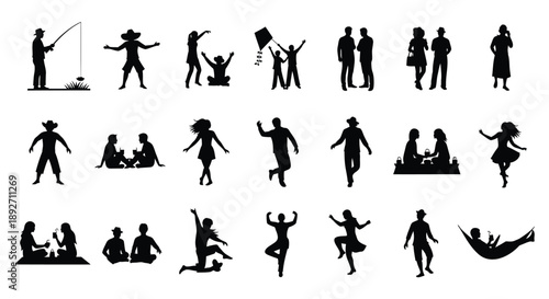 Collection of black silhouettes depicting people engaging in various leisure activities and social interactions