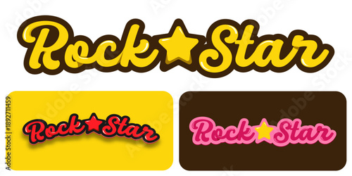  Rock Star handwritten script logo with star icon, set of colorful 3D glossy text labels for kids achievement and music stickers vector