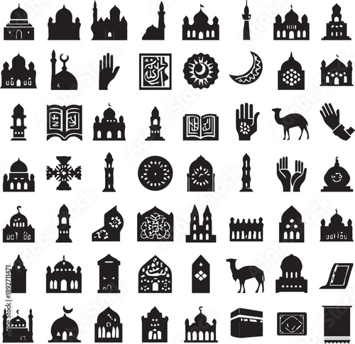 Modern flat line icons collection featuring mosque, finance, electronics, and medical symbols.