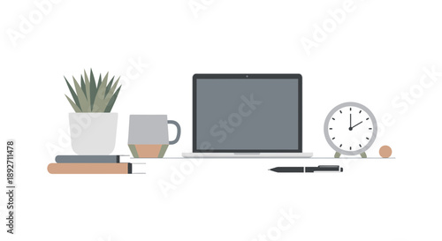 Modern Desk Setup: Laptop, Plant, Coffee, Clock, Books