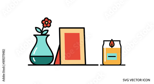 Decorative Shelf Icon: Vase, Photo Frame, and Candle