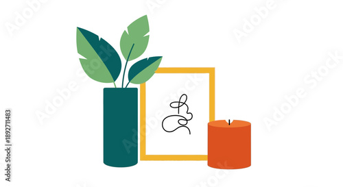 Modern Home Decor: Plant, Art Frame, and Candle Illustration
