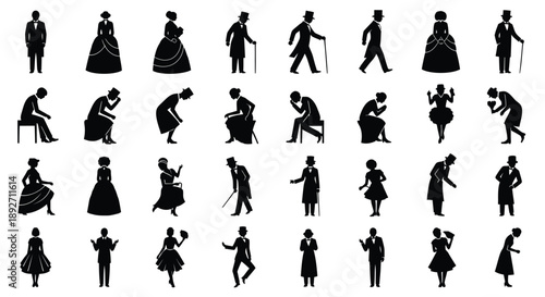 Collection of vintage black silhouette figures of people in various poses and activities on white background