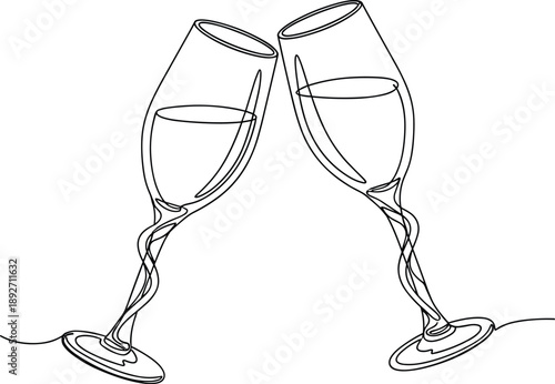 champagne, glasses, toast, cheers, celebration, drink, beverage, wine, alcohol, romance, love, wedding, party, elegant, minimal, line, outline, illustration, vector, design