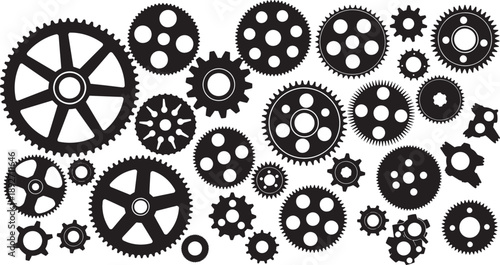 Intricate collection of black silhouette gears and cogwheels forming a mechanical system, representing teamwork, engineering precision, and industrial design