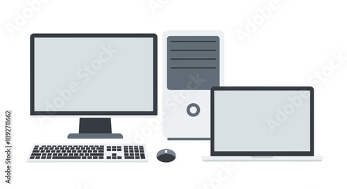 Desktop Computer, Laptop, Keyboard, Mouse - Modern Technology Setup