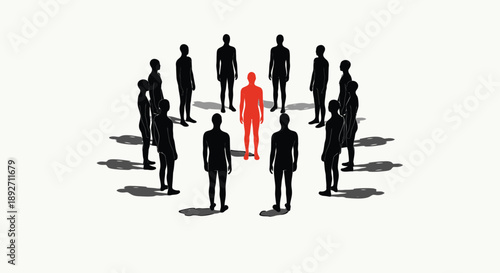 Businessman standing out from a crowd of people leadership concept with one red person among black silhouettes