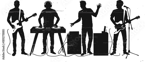 Live music band silhouette illustration, guitarist DJ singer performance, concert vector art, modern music festival scene isolated white background design