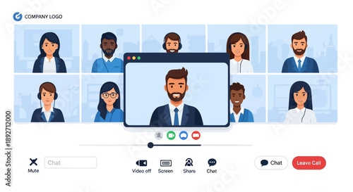 Diverse team members in a virtual meeting on a computer screen