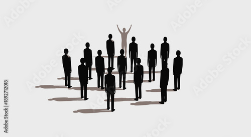 Businessman standing out from the crowd with arms raised in success and leadership