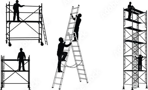 construction, worker, workers, scaffold, scaffolding, ladder, safety, job, work, labor, industry, industrial, building, maintenance, repair, silhouette, black, illustration, vector, design