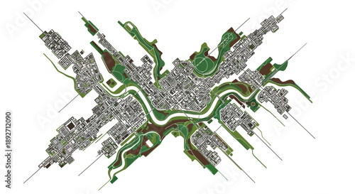 Modern city planning with green spaces and winding river
