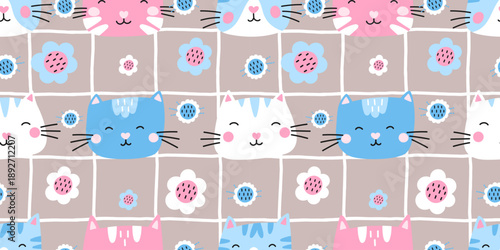 Seamless cute cat pattern with kawaii kitten faces, hearts, and soft gingham. Designed for nursery fabrics, baby wallpaper, and sweet gift wrapping