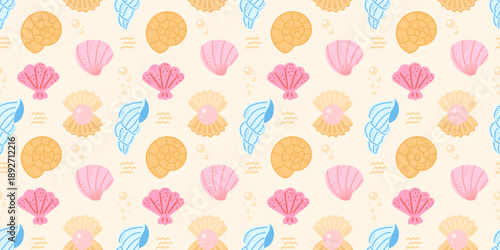 Cute ocean seamless background with kawaii shells, coral, and pearl details. Ideal for kids textiles, coastal decor, and playful summer packaging